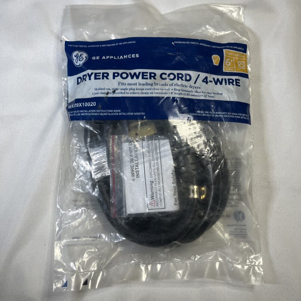 GE Dryer Power Cord 4-Wire 30 Amp WX09X10020 New Factory Sealed 6' Easy Hookup